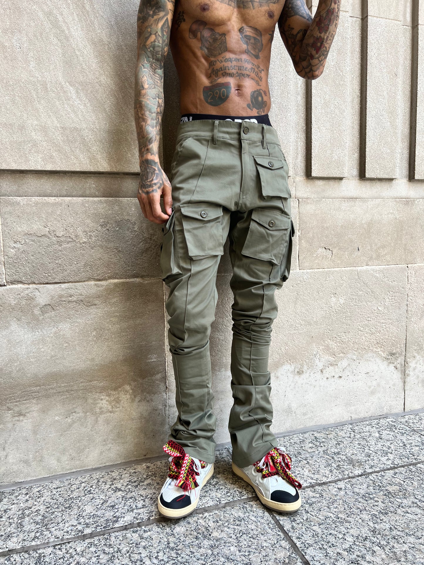 Green Stacked Cargo Pants