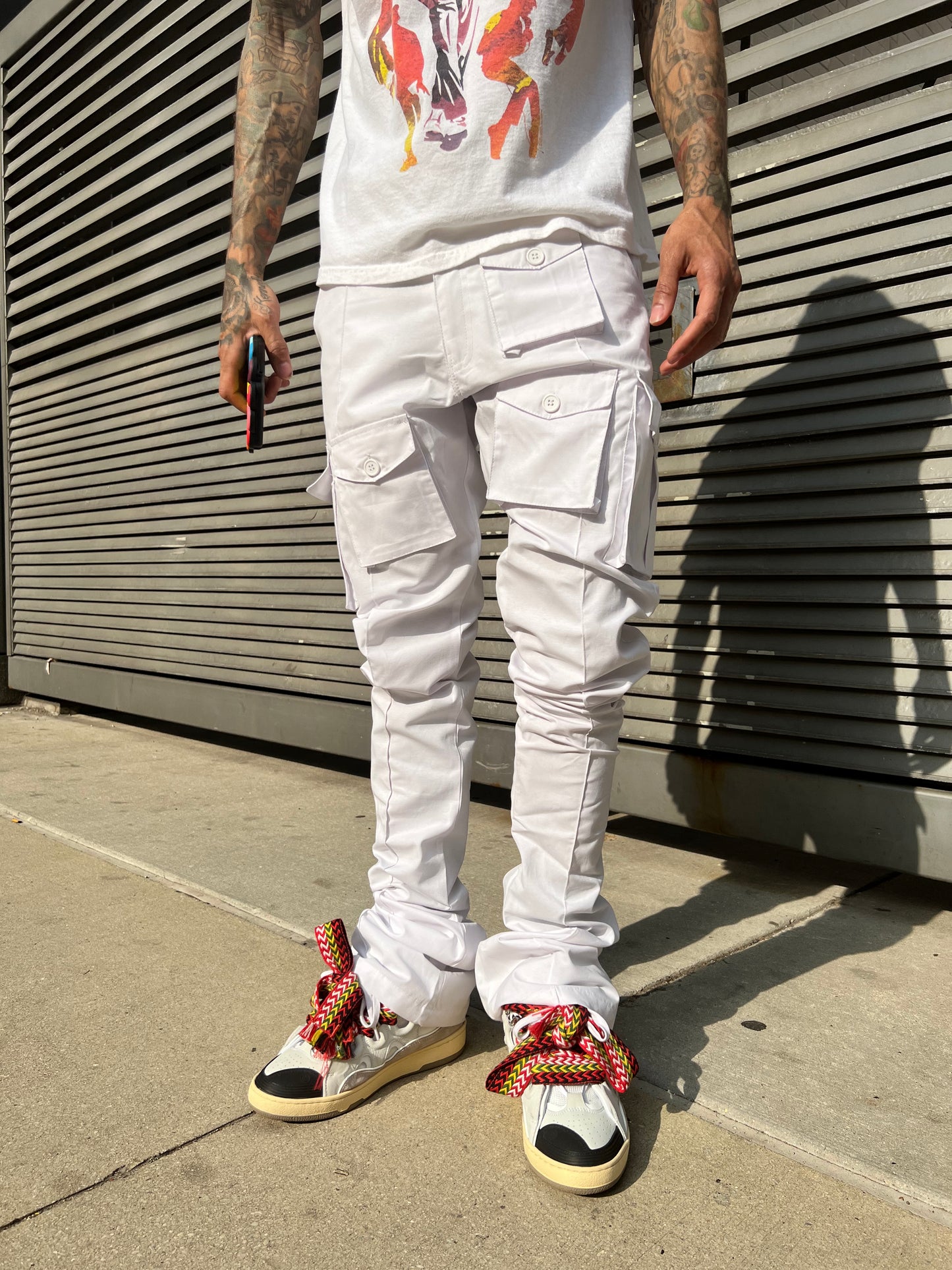 White Linen Stacked Cargo Pants