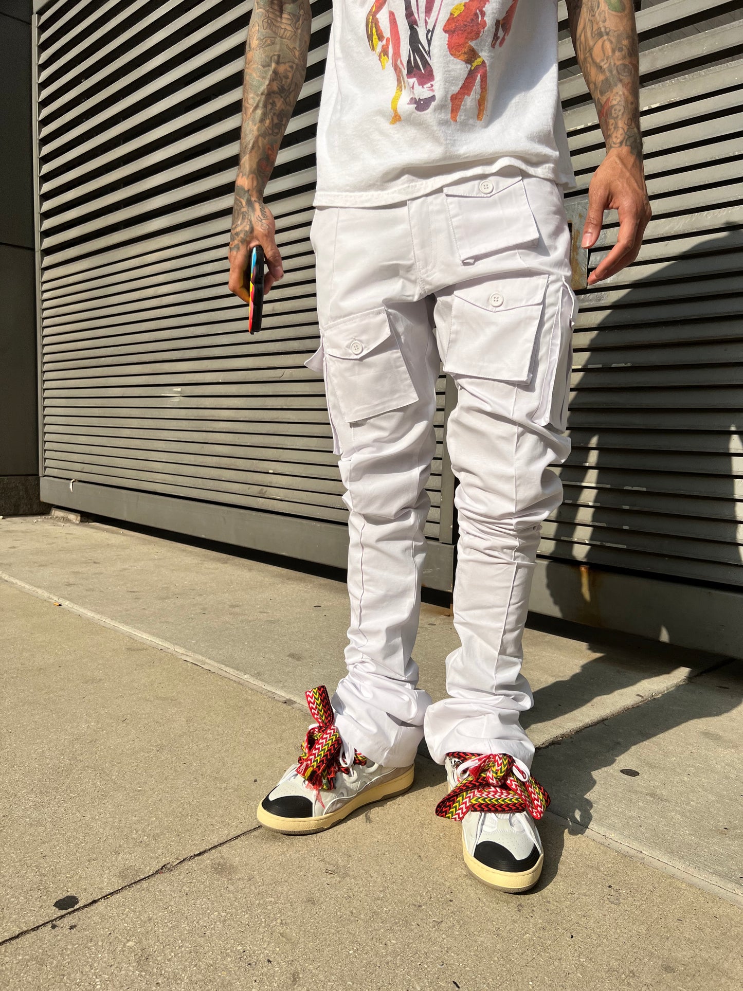 White Linen Stacked Cargo Pants