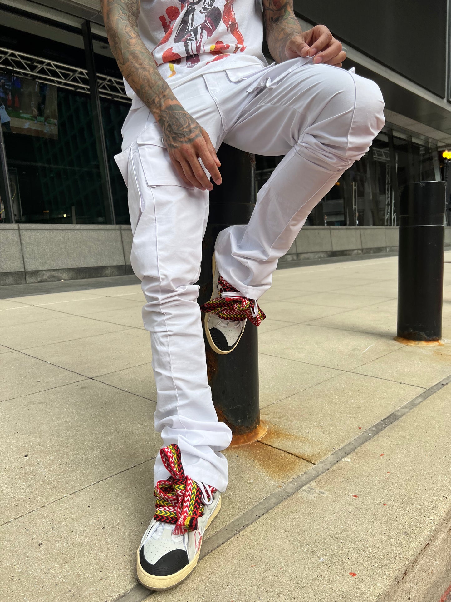 White Linen Stacked Cargo Pants