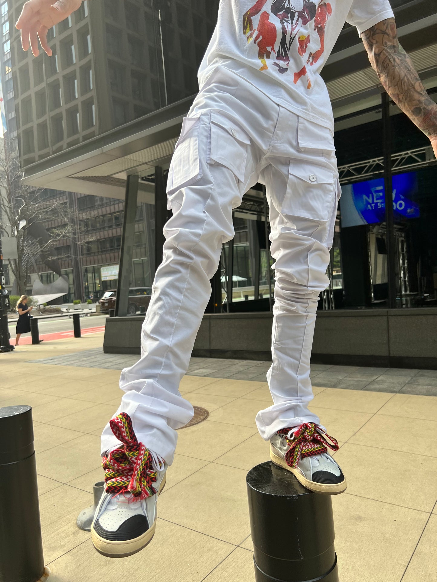 White Linen Stacked Cargo Pants