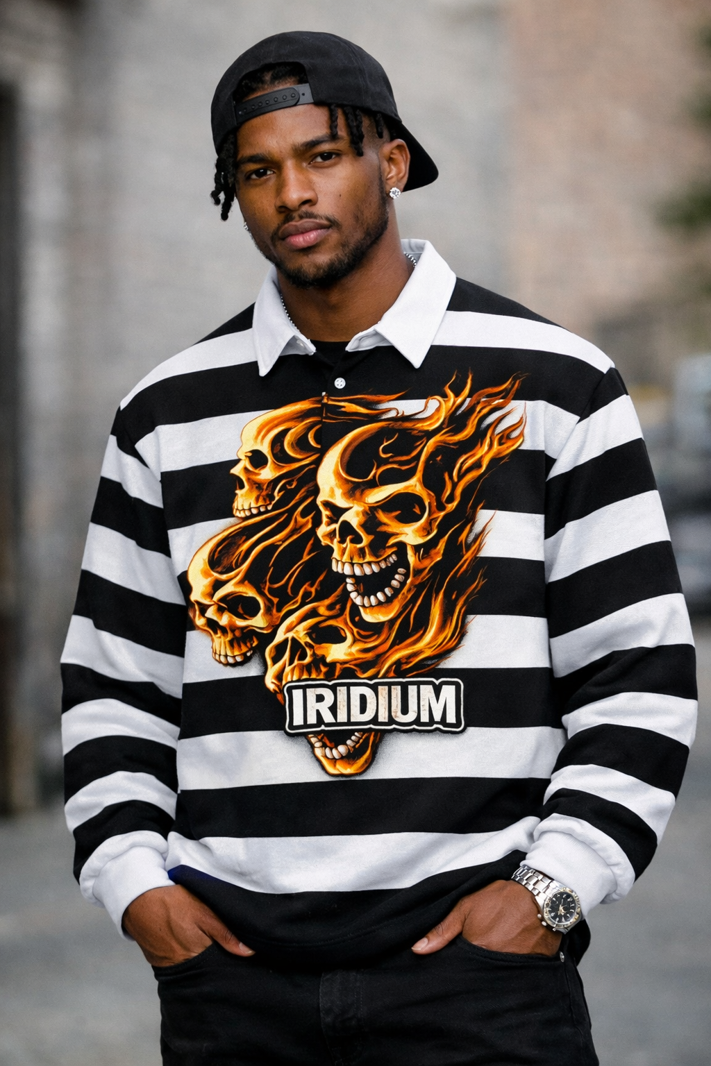 Skull Color Block Stripe Polo Shirt