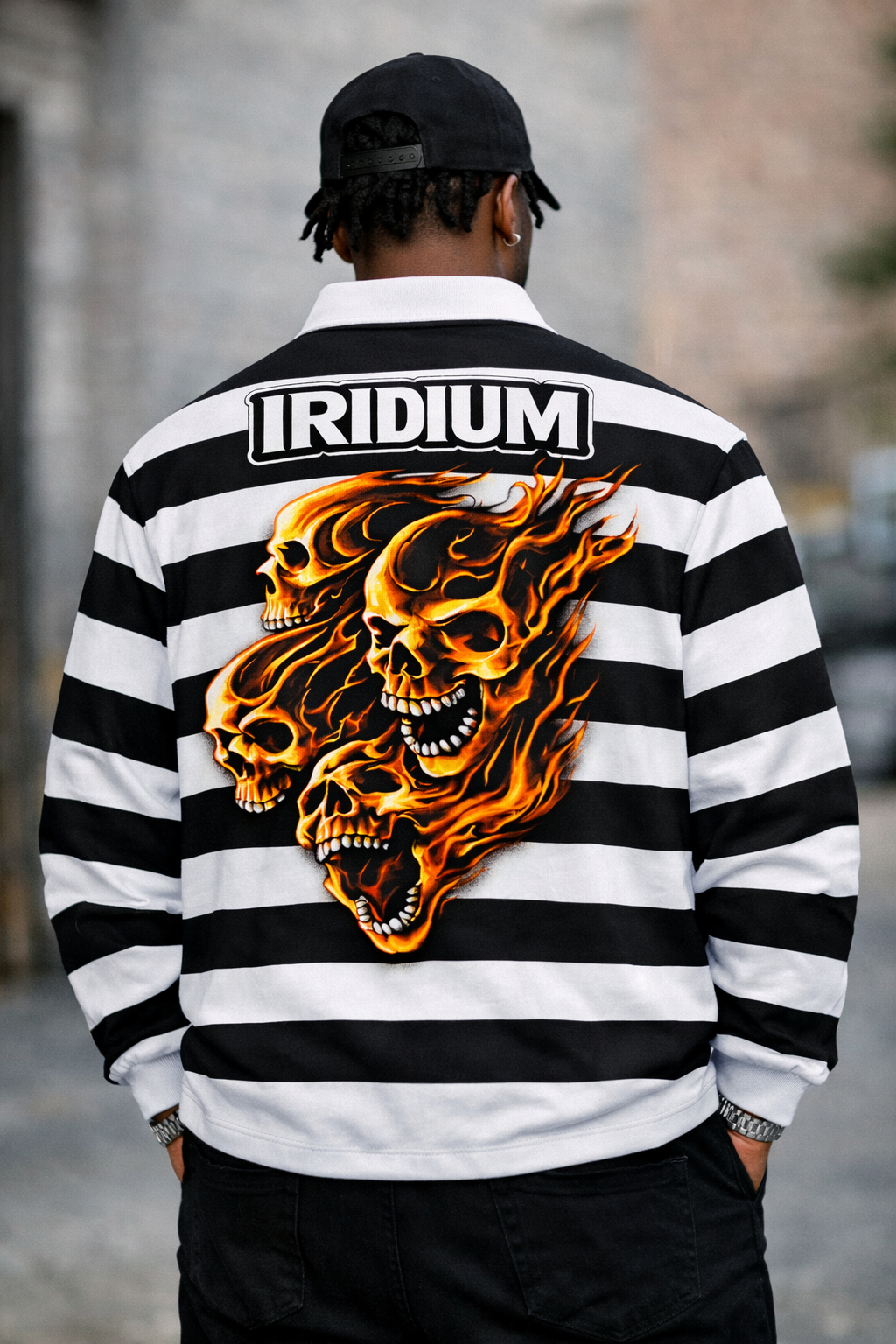 Skull Color Block Stripe Polo Shirt