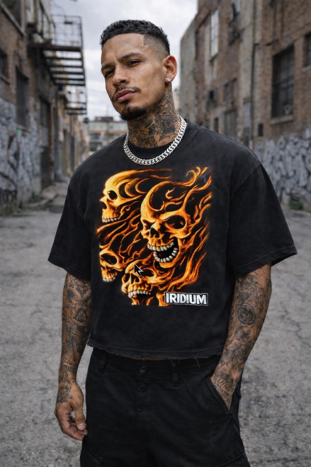 Skull Flame Vintage Wash Boxy Distressed Hem T-Shirt