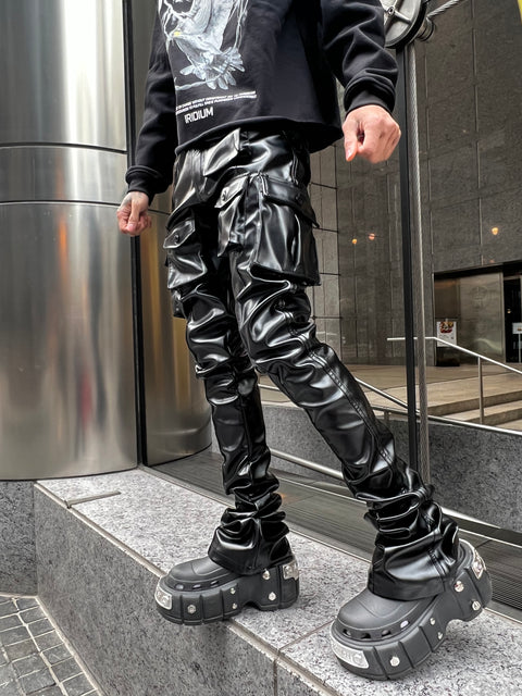 Vegan Leather Stacked Cargo Pants