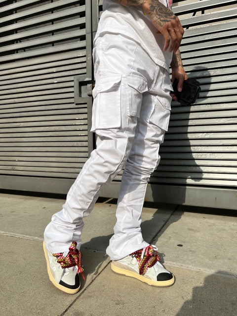 White Linen Stacked Cargo Pants