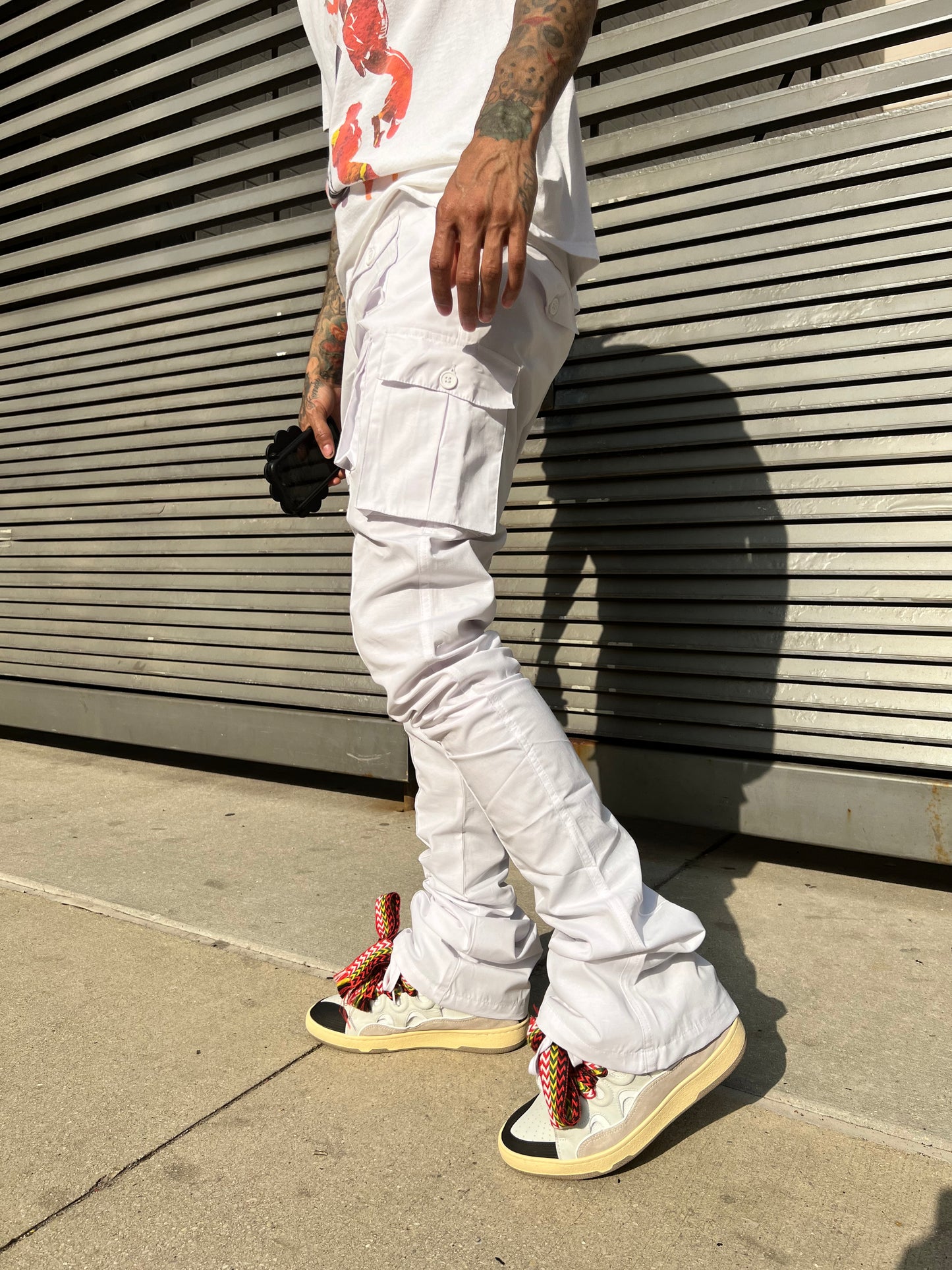 White Linen Stacked Cargo Pants