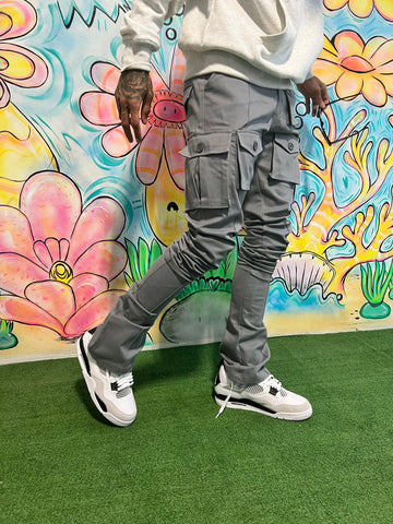 Grey Stacked Cargo Pants