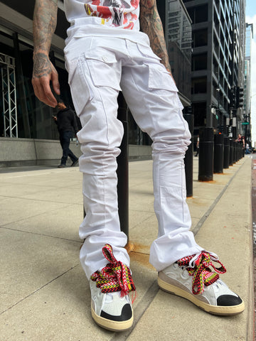 White Linen Stacked Cargo Pants